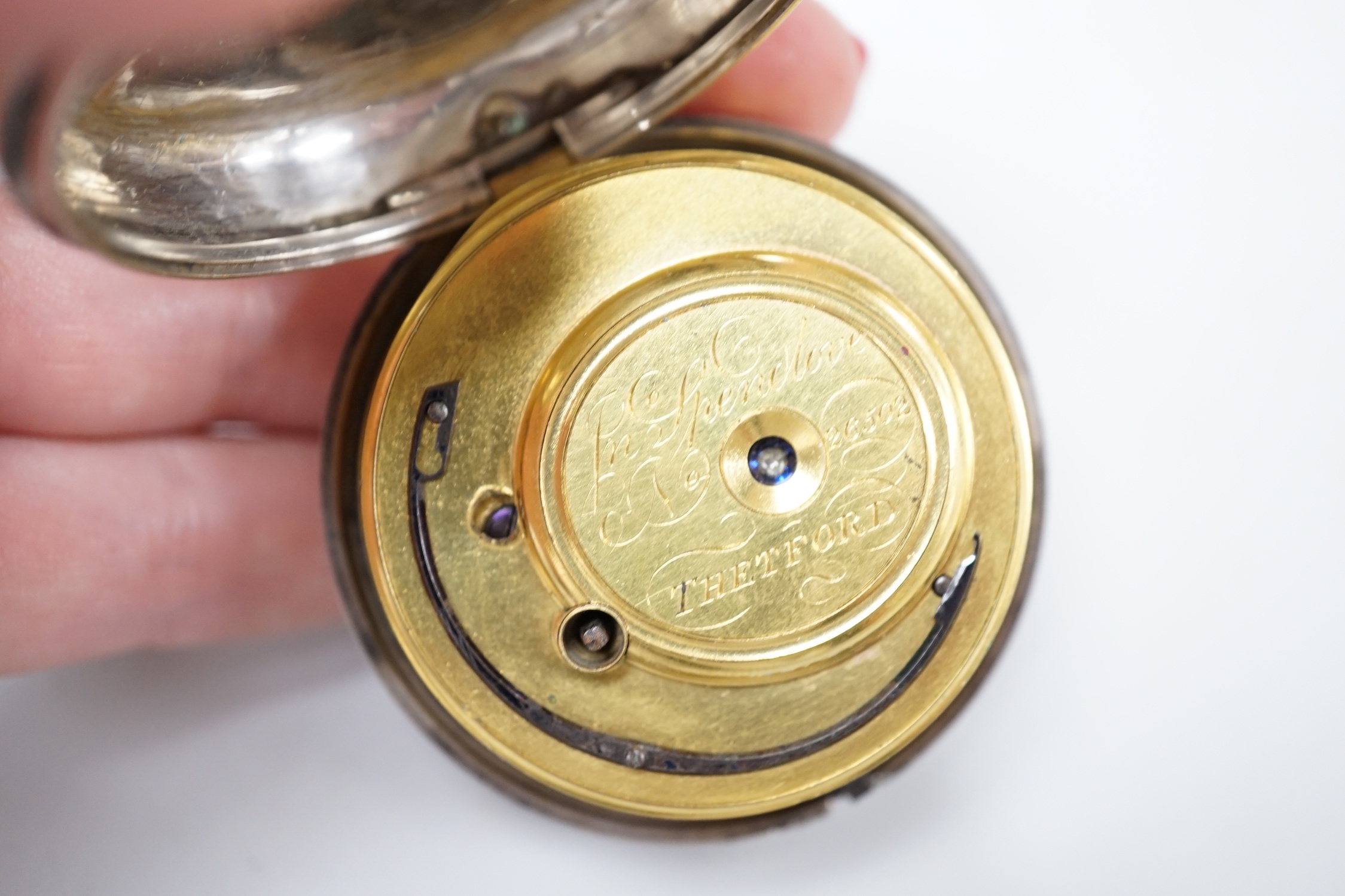 A Victorian silver pair cased keywind verge pocket watch, by Spendlove of Thetford, case diameter 54mm.